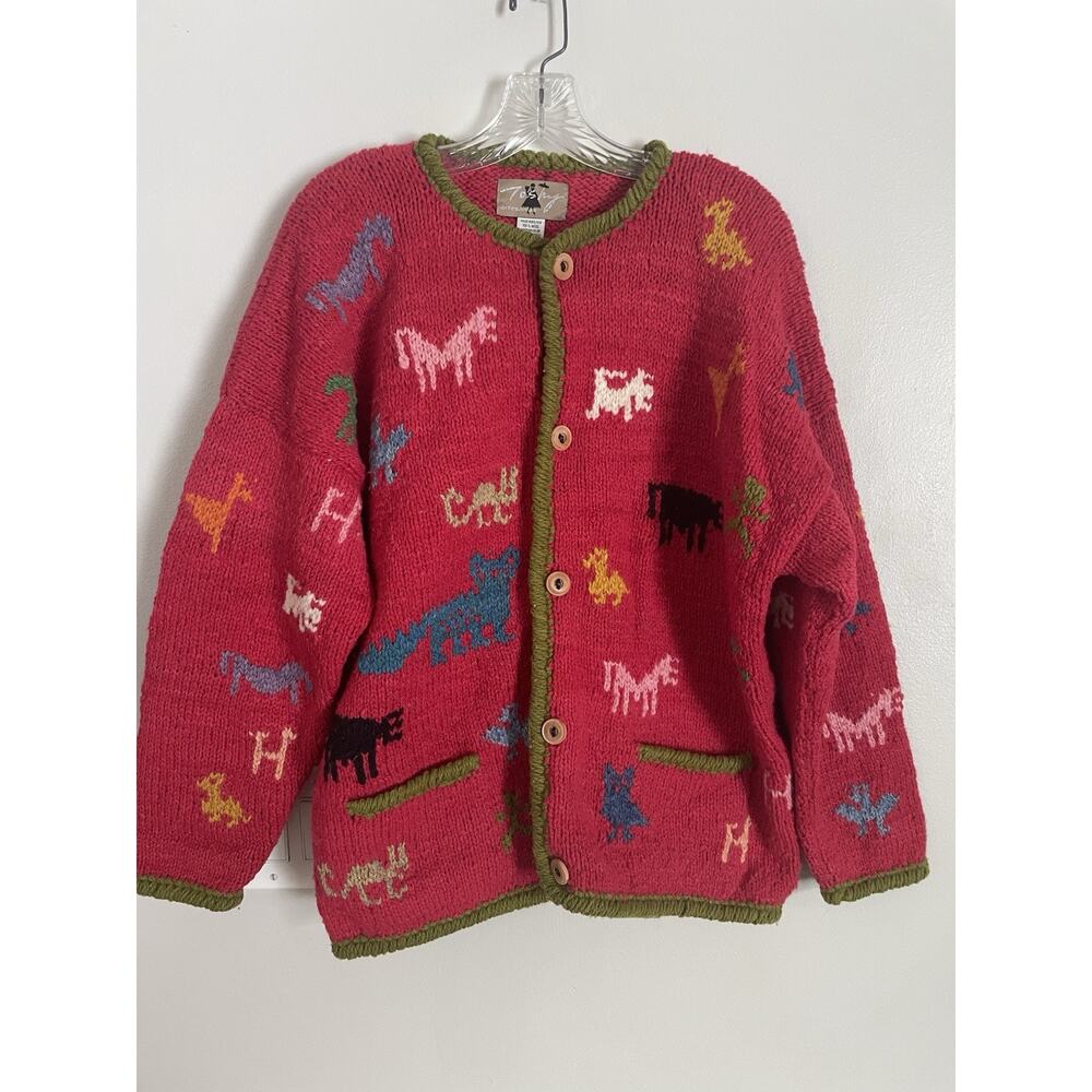 Vtg Toshy Bolivia Hand-Knit 100% Wool Cardigan Sweater Animals Folk Art Colorful